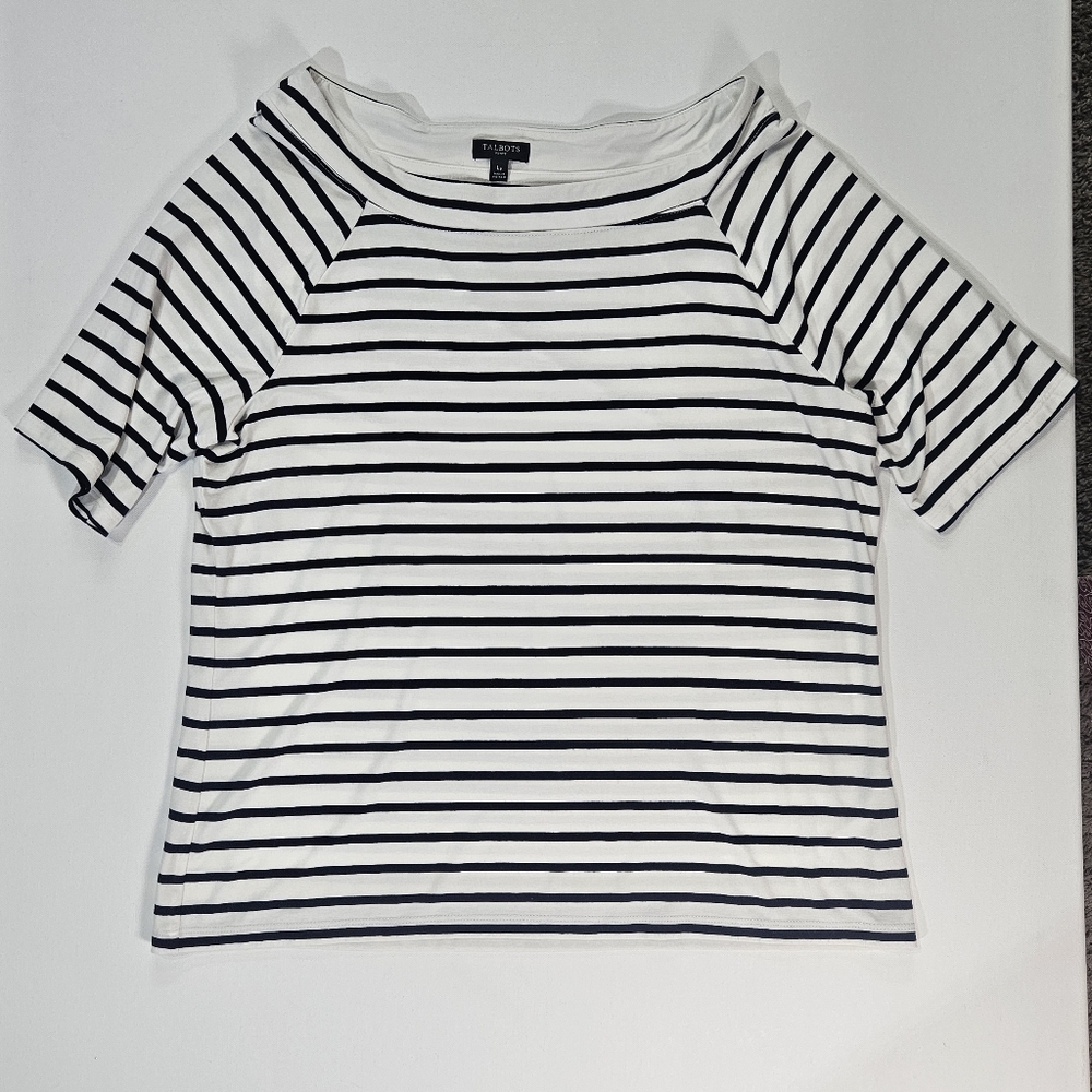 Talbots Womens Top Large Petite Blue White Nautical Stripe Coastal Essential Top